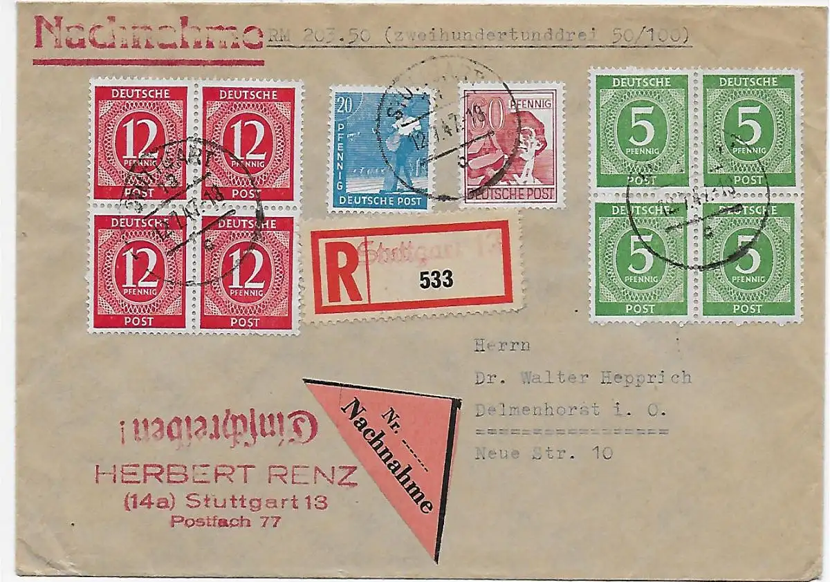 Nachnahme Brief Stuttgart 1947 nach Delmenhorst