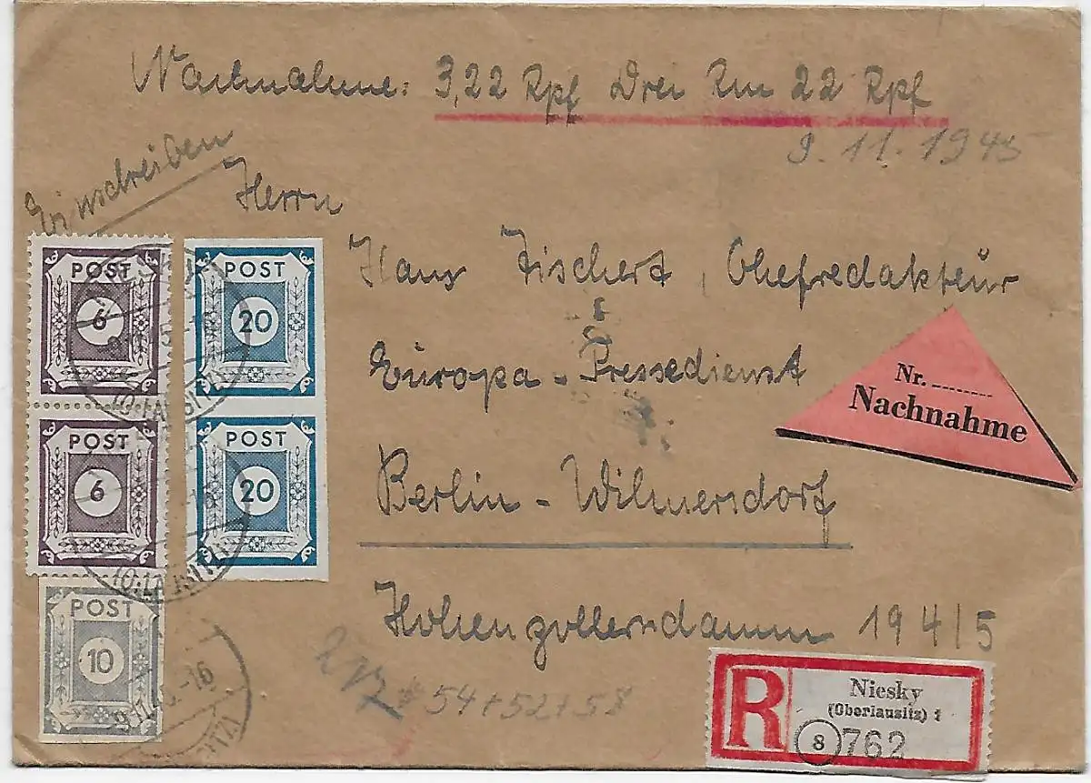 Nachnahme Einschreiben Niesky nach Berlin, Pressdienst