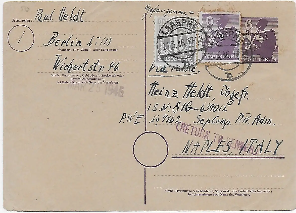 Ganzsache Berlin, Laasphe, 1946 nach Napoli/Italien: Kgf, POW: Return to sender