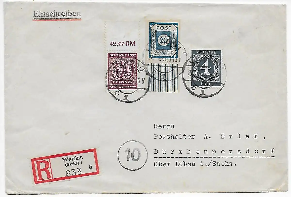 Werdau Einschreiben 1946, rückseitig: Stempel Poststelle Dürrhennersdorf