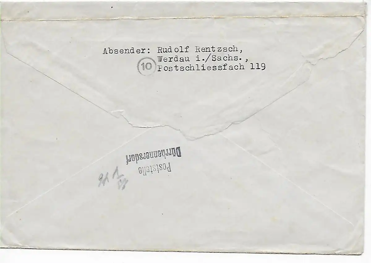 Werdau Einschreiben 1946, rückseitig: Stempel Poststelle Dürrhennersdorf