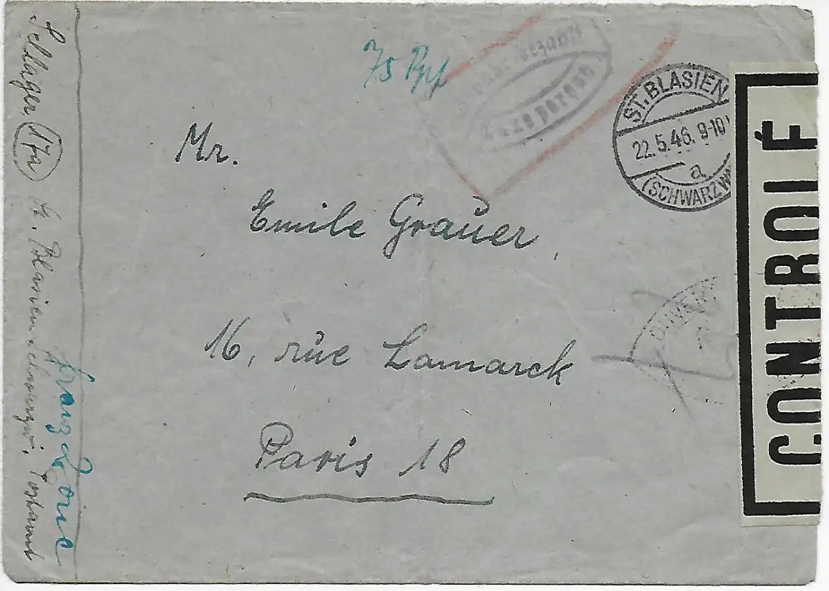 Gebühr bezahlt Stempel von St. Blasien nach Paris, 1946 mit Zensur