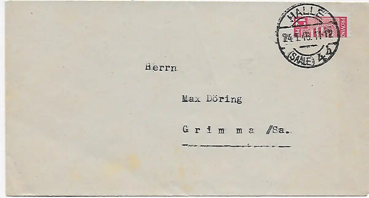 Hallo 1946 nach Grimma mit philatelistischer Halbierung der Marke