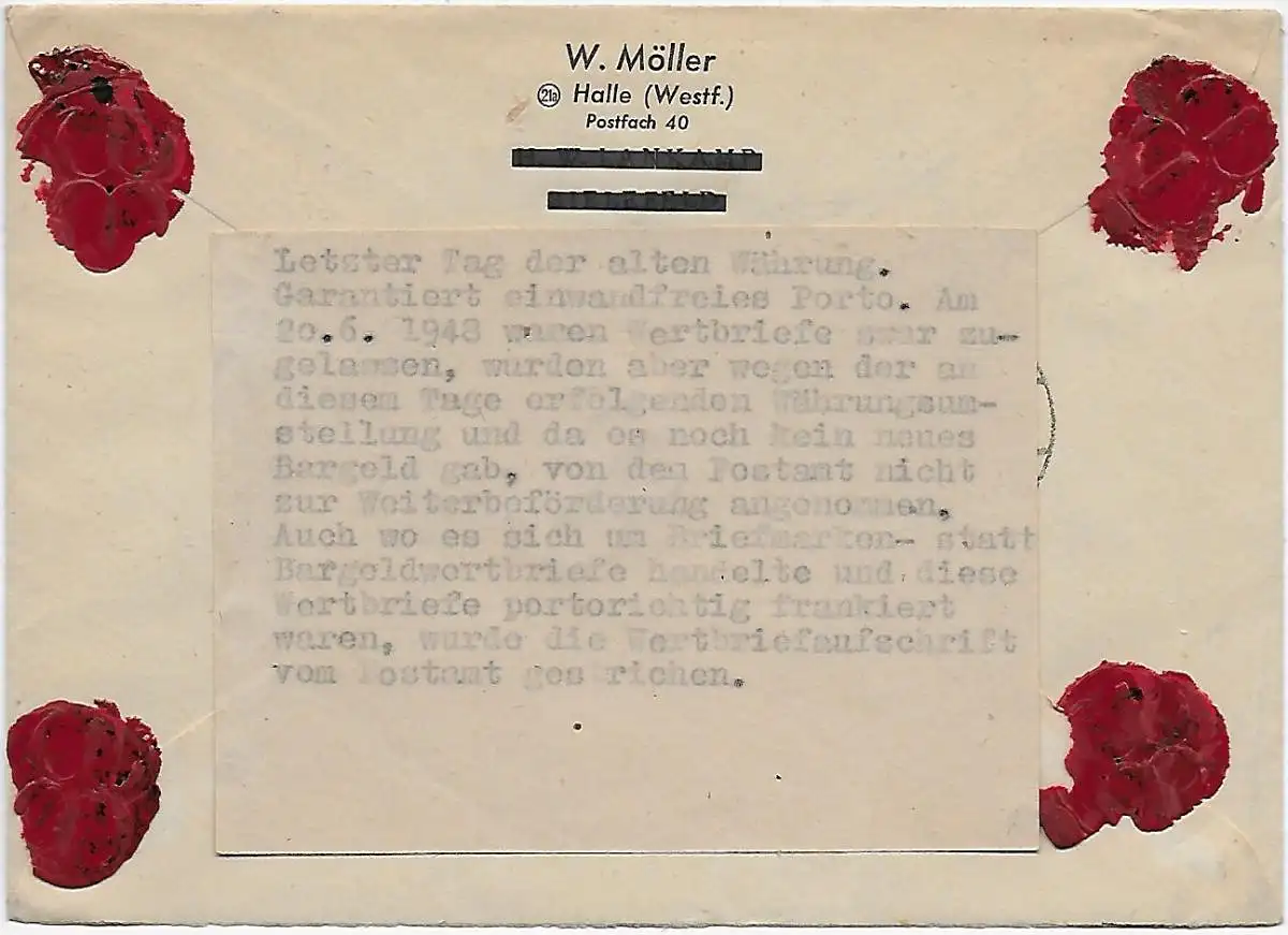 Salle 20.6.48 Dernière date pour les lettres de valeur, champ de lecture recommandé, voir verso