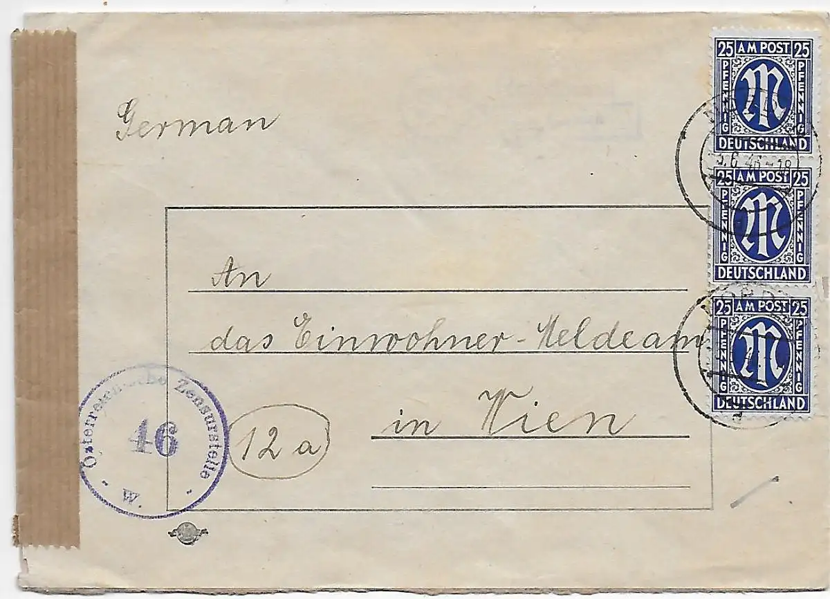 Halbermond 1946 nach Wien, MeF, Österreichische Zensurstelle