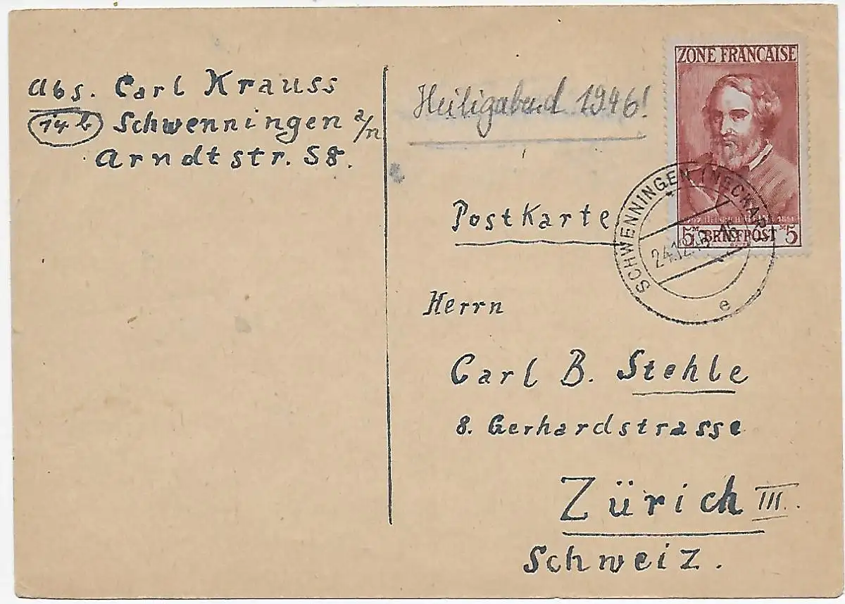 Carte postale Schwenningen vers Zurich, 1946