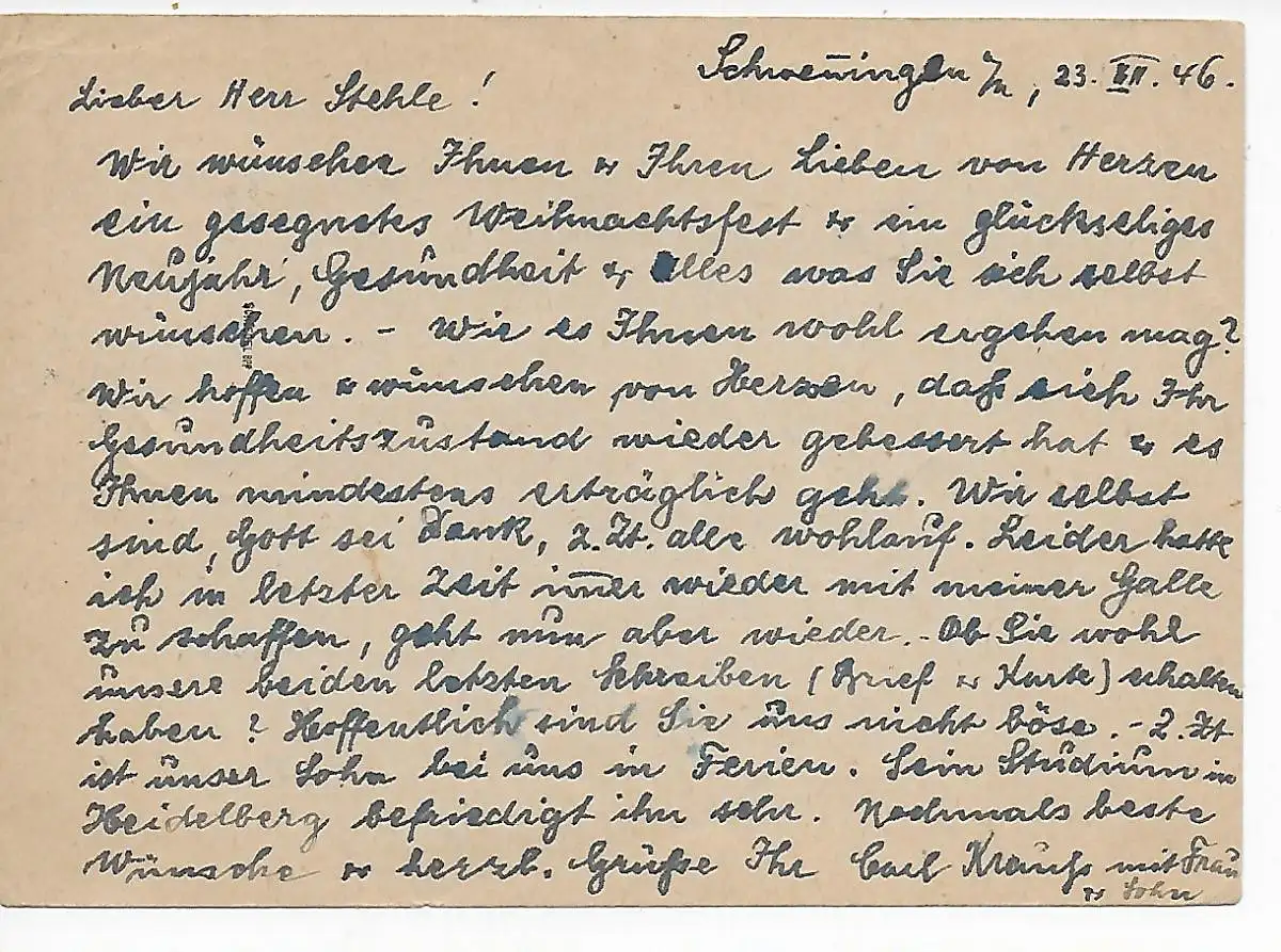 Carte postale Schwenningen vers Zurich, 1946