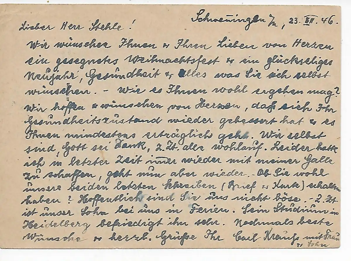 Postkarte Schwenningen nach Zürich, 1946