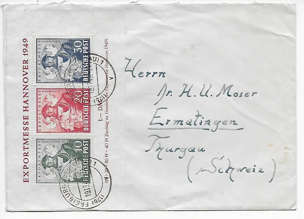 Lettre avec le bloc 1, Fribourg vers Ermatingen/Thurgau/CH 1949
