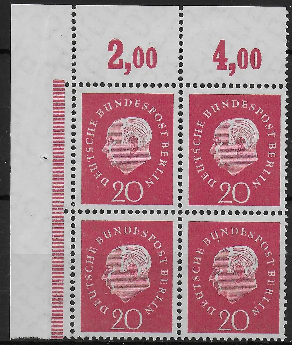 Berlin: MiNr. 184v, postfrisch, ** Eckrand Viererblock VE1