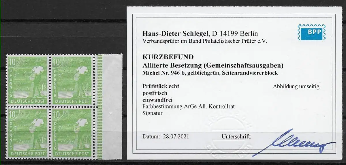 All. Besetzung: MiNr. 946b, postfrisch, ** BPP Befund, Viererblock