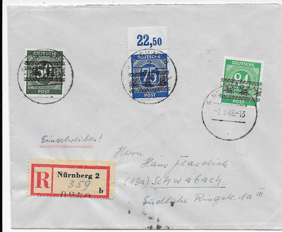 Nürnberg Einschreiben 1948 MiNr. 67I POR nach Schwabach