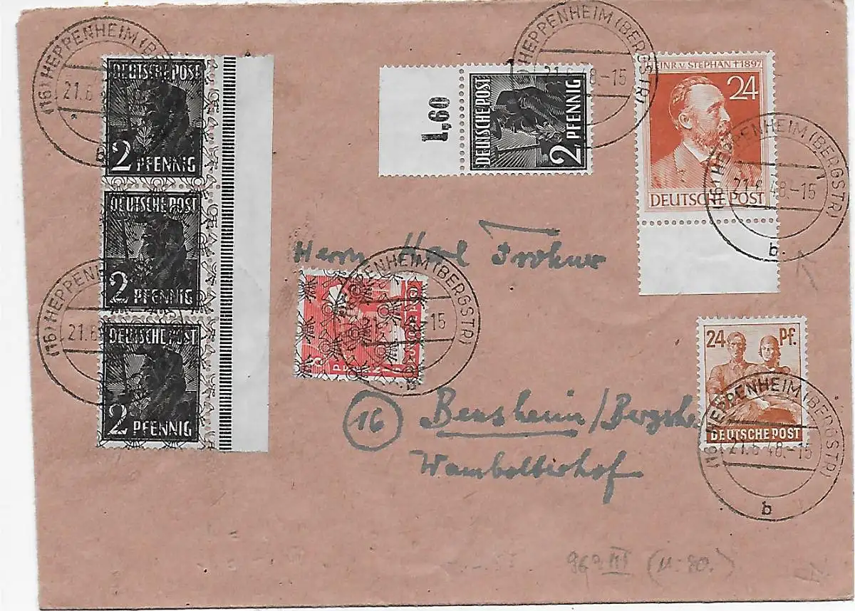 Brief aus Heppenheim nach Bensheim, 1948, MiNr. 963 III