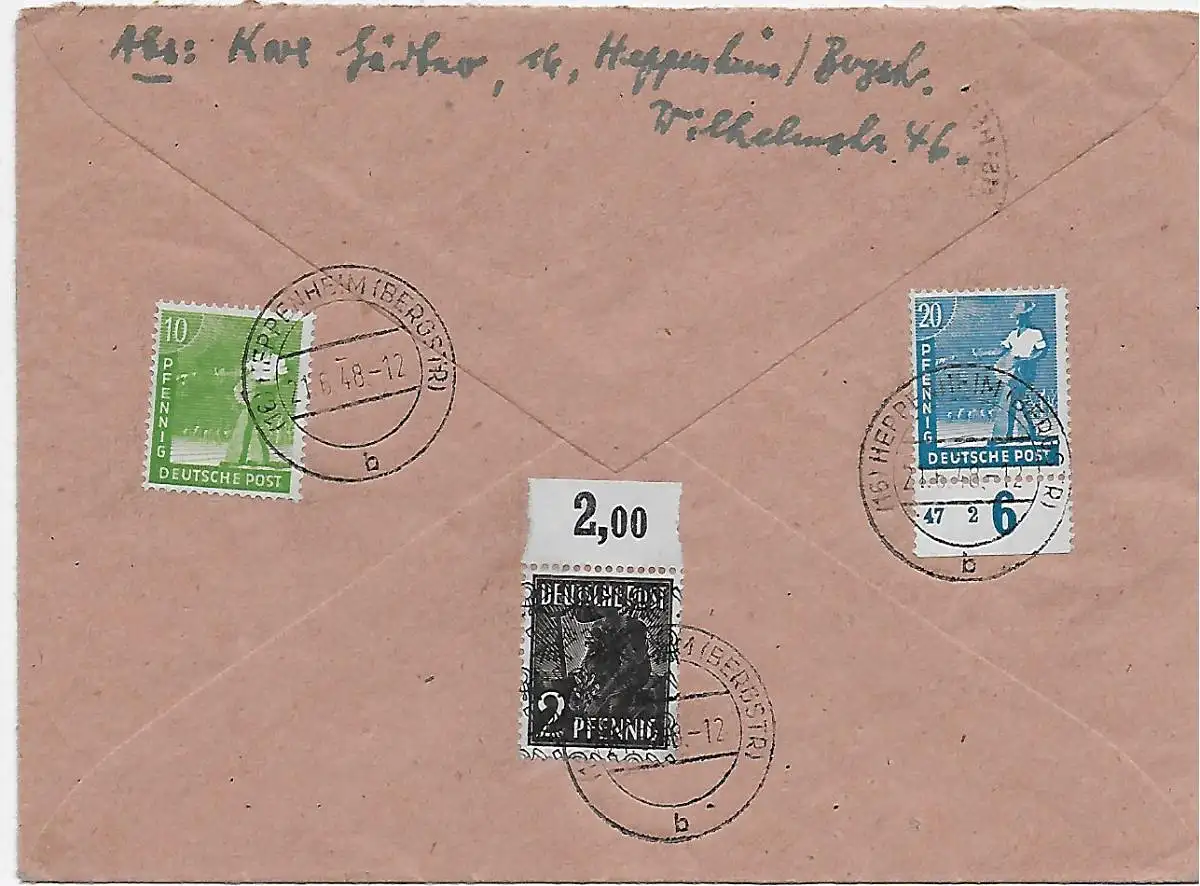 Lettre de Heppenheim à Bensheim, 1948, Min. 963 III