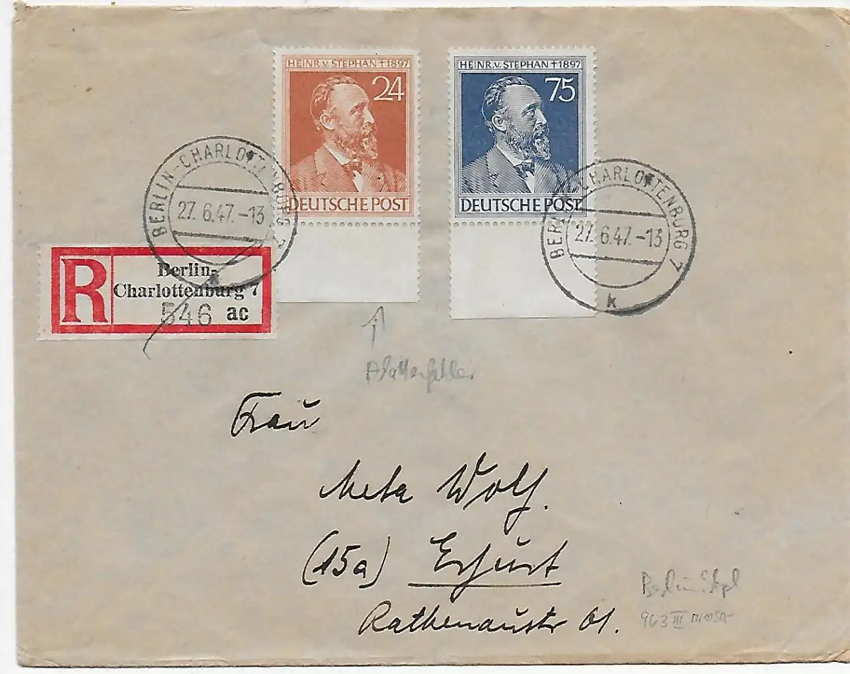 Berlin Einschreiben 1947 nach Erfurt, MiNr. 963 III