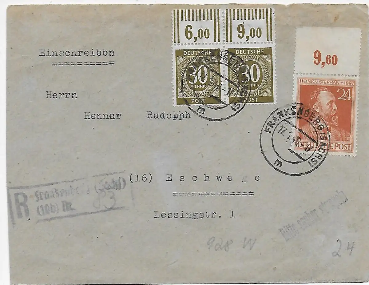 Frankenberg nach Eschwege als Einschreiben, MiNr. 928W, 1948