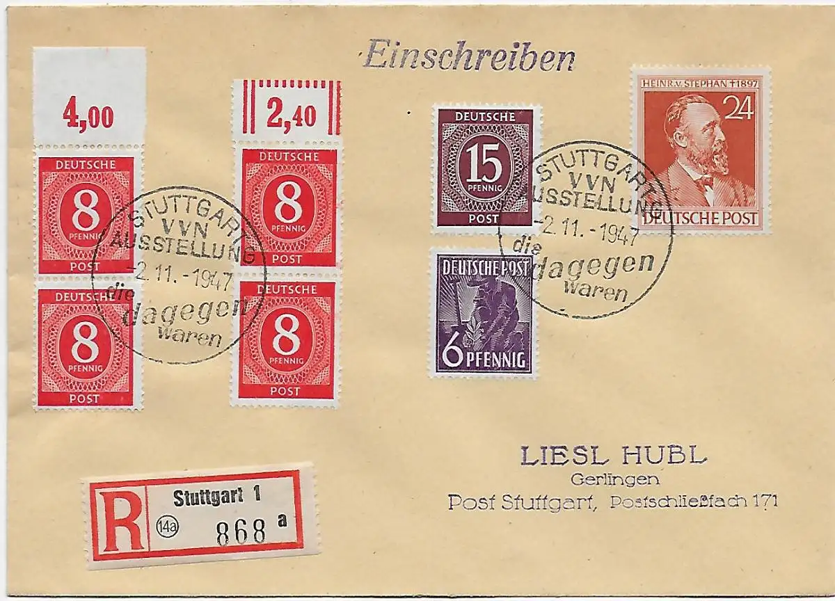 Stuttgart VVN Ausstellung -die dagegen waren, 1947 nach Gerlingen, MiNr. 916 P/W