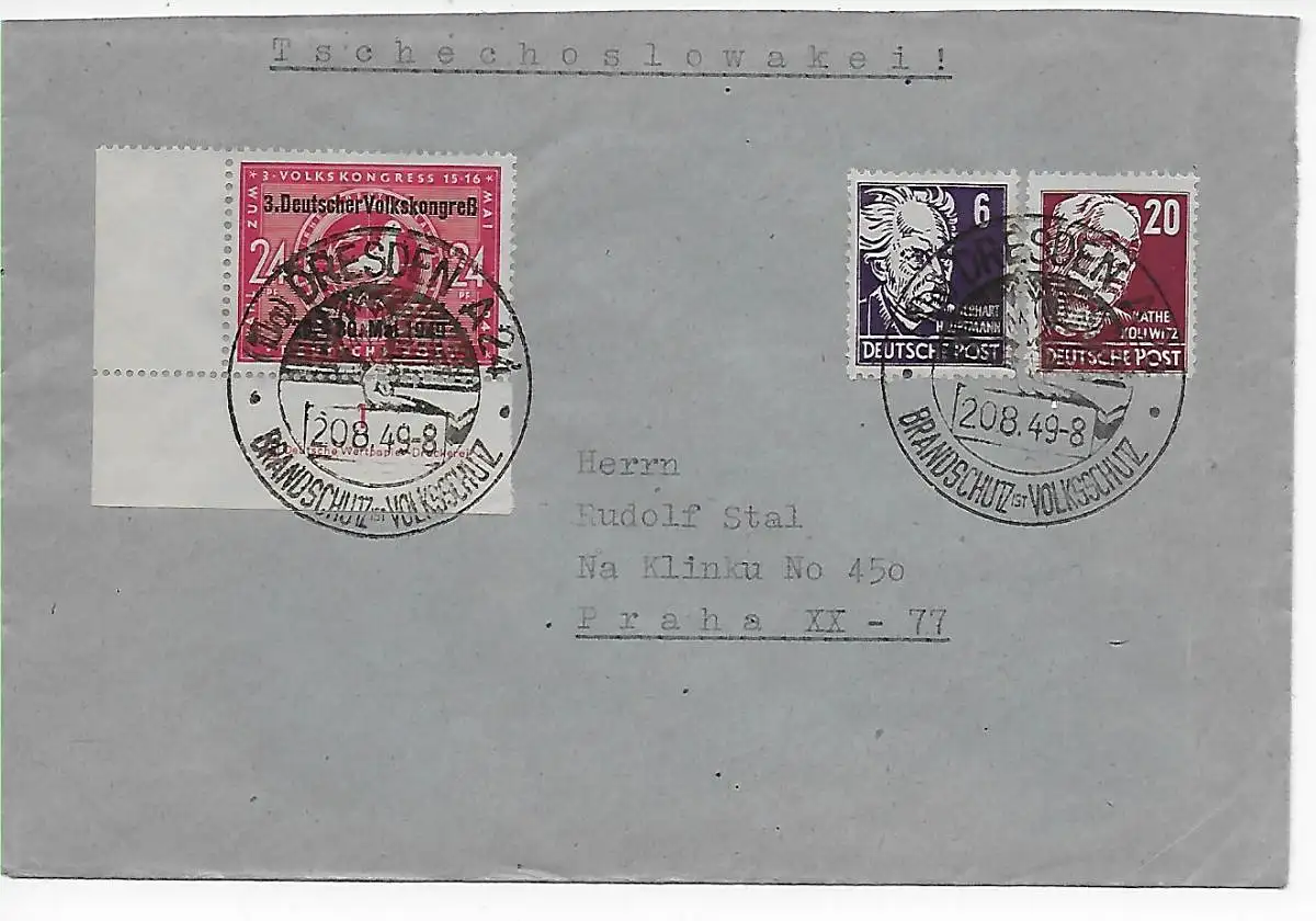Dresden -Stempel Brandschutz-Volksschutz, 1949 nach Prag, MiNr. 233 DZ