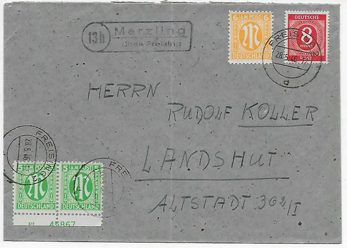 Tampon de l'agence Marzling sur Freising vers Landshut, 1946