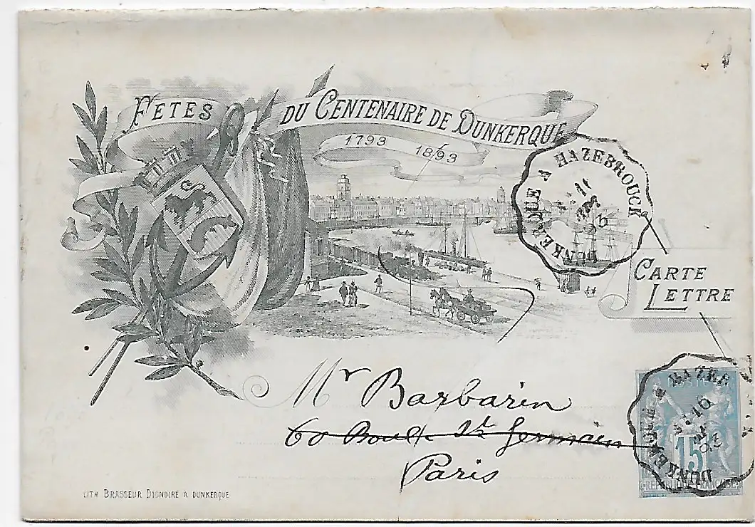 Klapp-Ansichtskarte Jahrhundertfeier Dunkerque nach Paris, 1893, Bahnpost