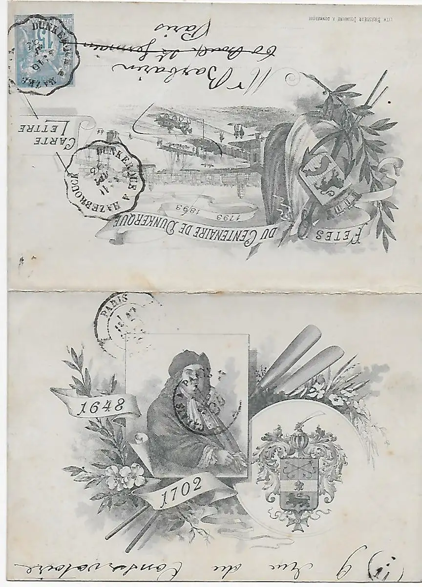 Klapp-Ansichtskarte Jahrhundertfeier Dunkerque nach Paris, 1893, Bahnpost