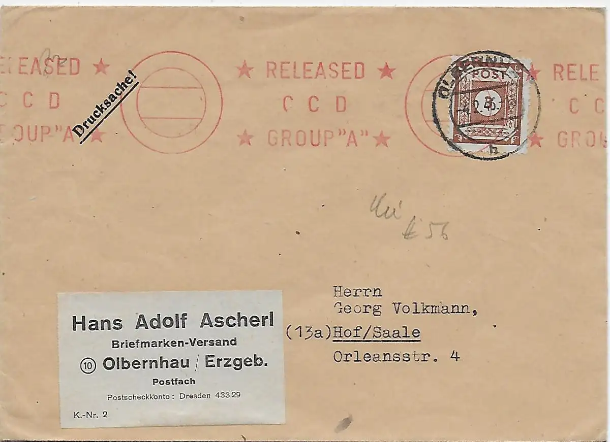 SBZ: Drucksache Brief Olbernhau, 1946 nach Hof/Saale
