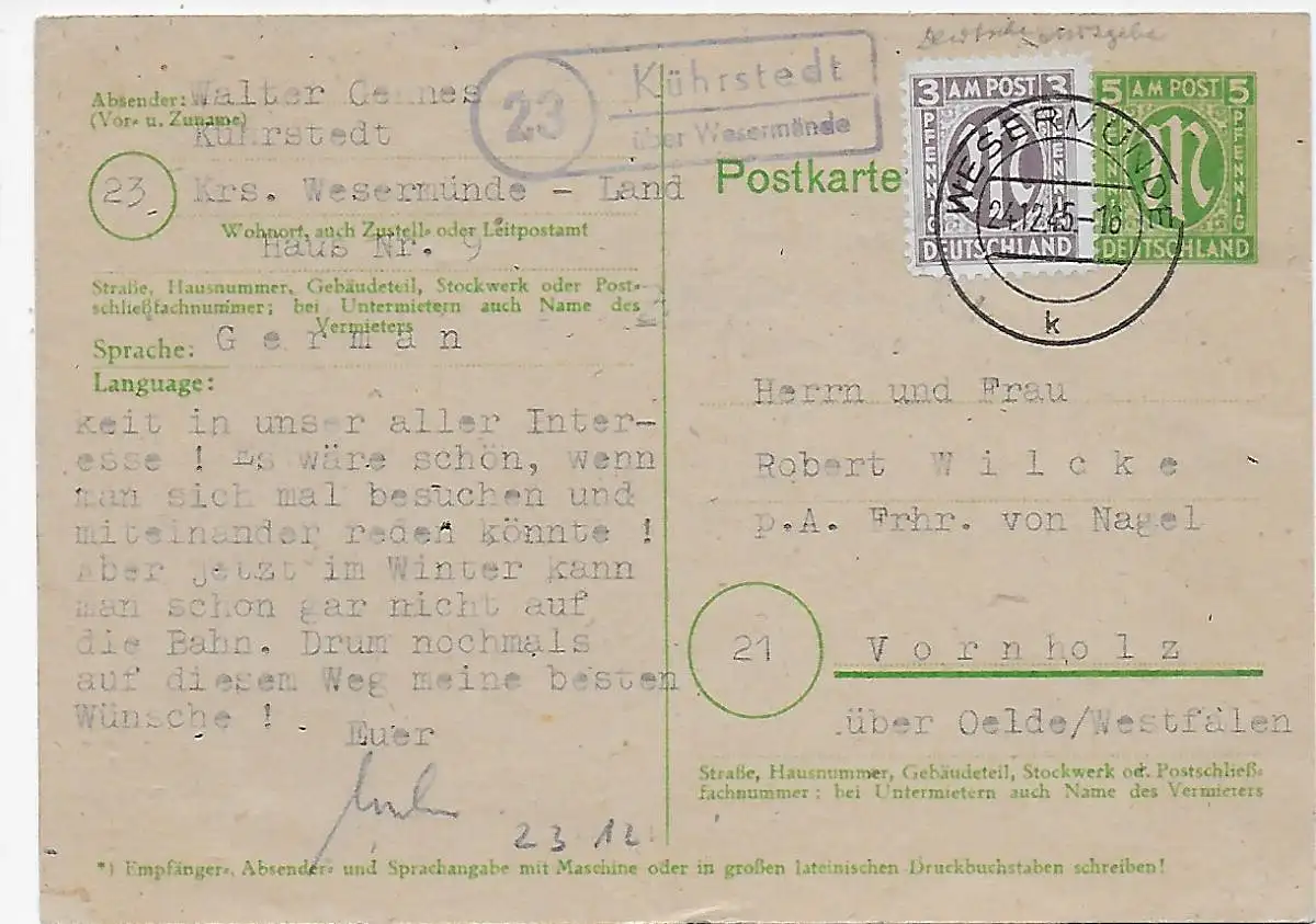 BiZone: Agence Stamp Kührstedt/Wesermünde 1945 vers Vornholz