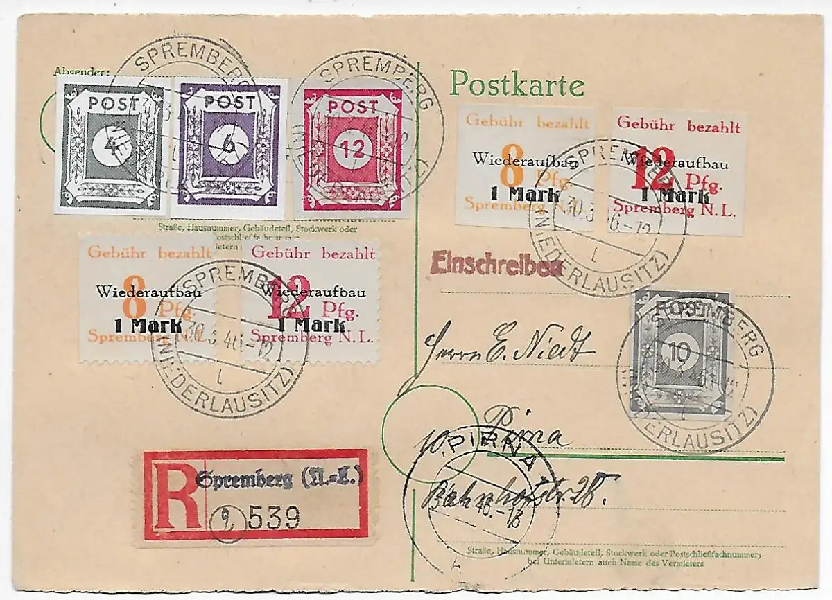 Postkarte Einschreiben Spremberg 1946, MiF