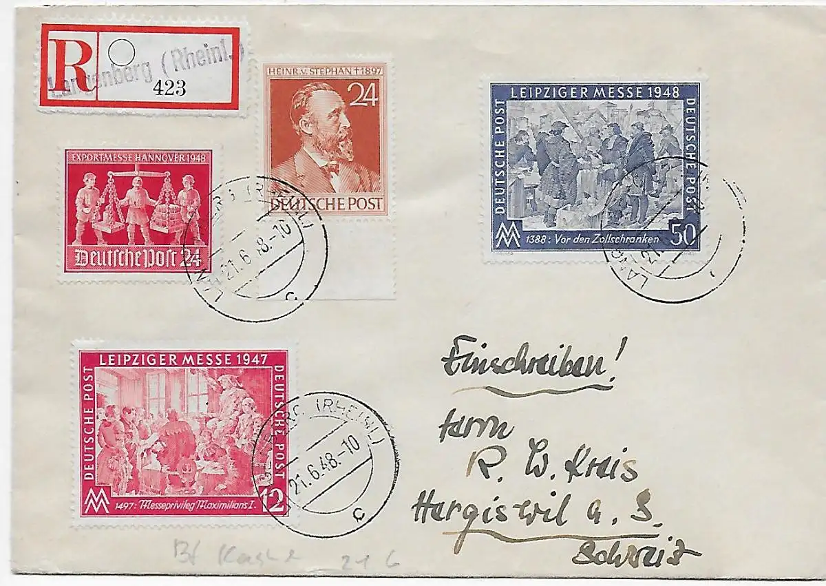 Einschreiben Langenberg nach Hergiswil/CH, 1948