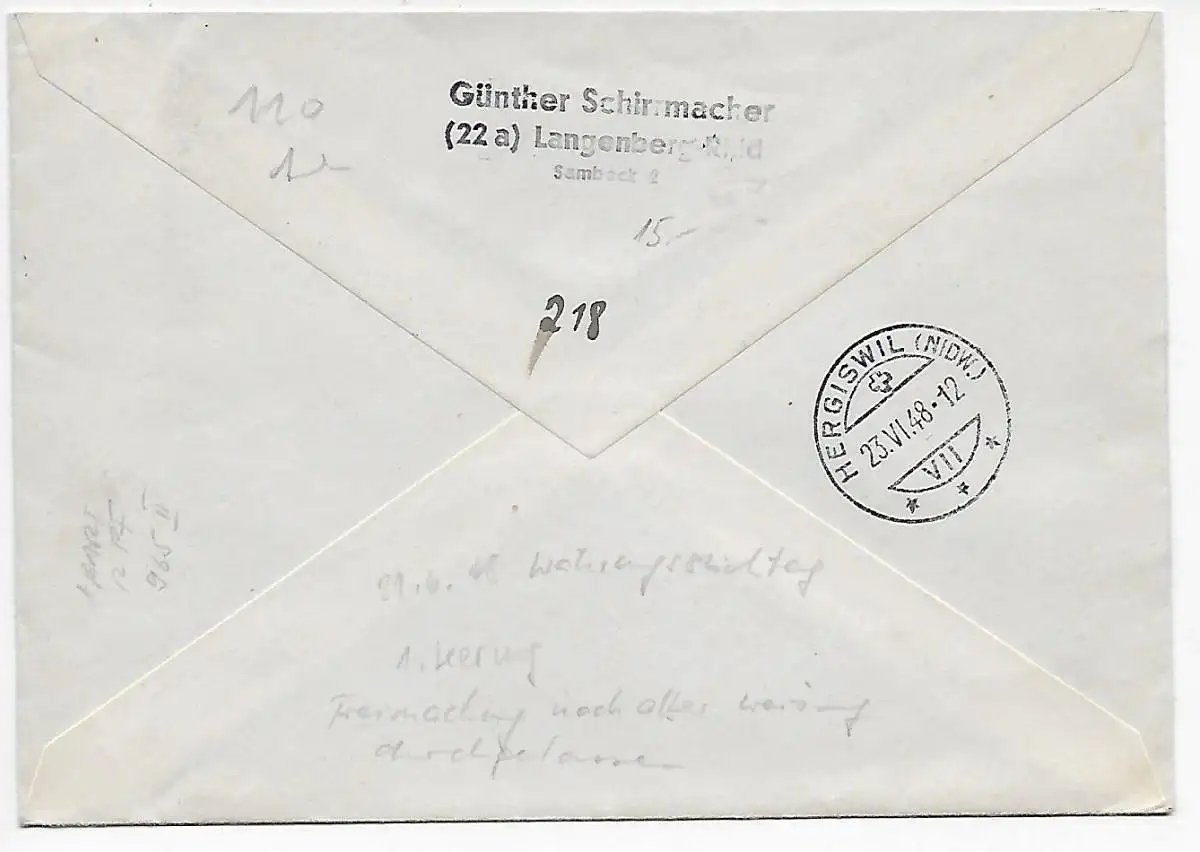 Einschreiben Langenberg nach Hergiswil/CH, 1948