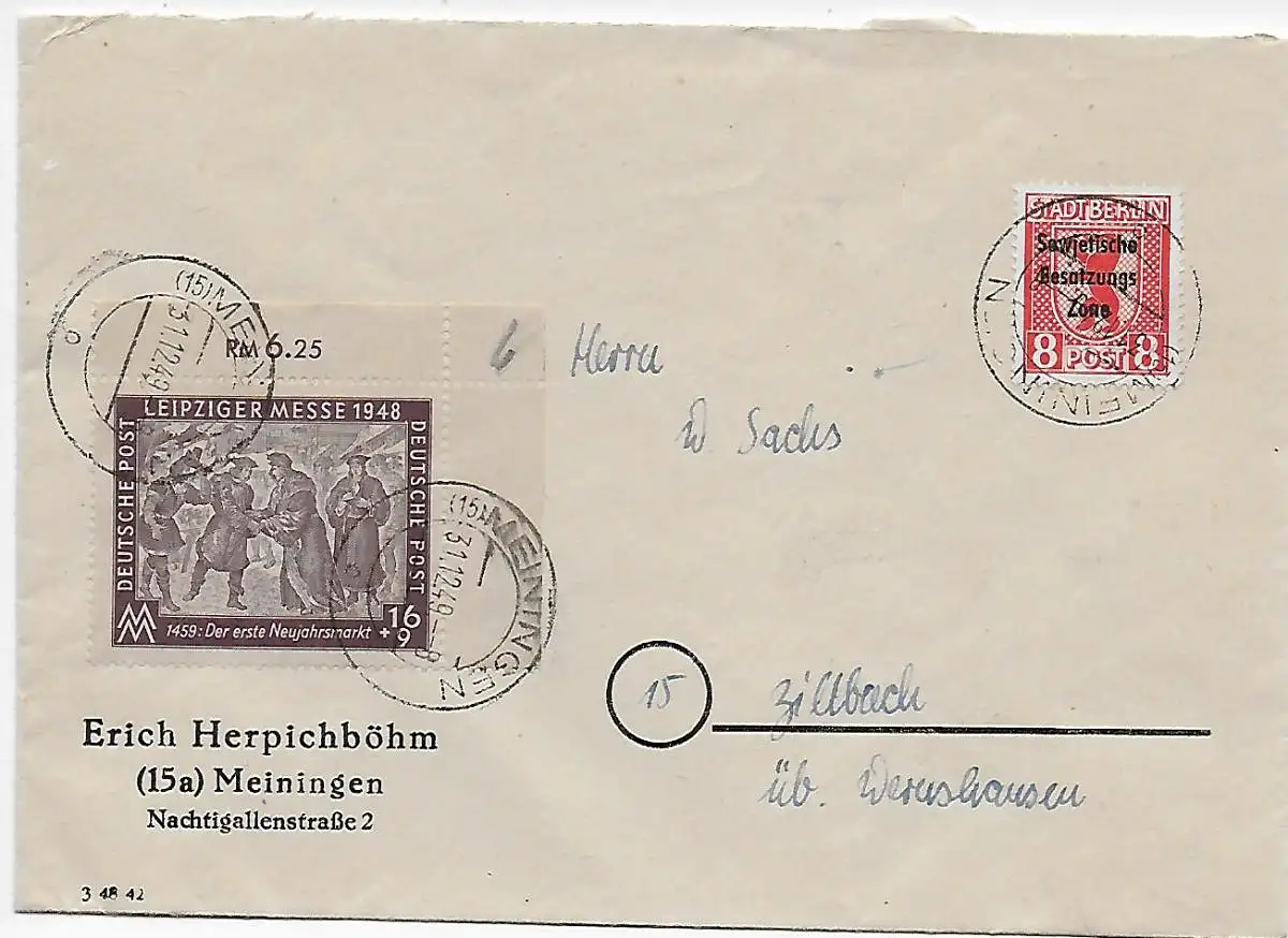 Lettre de Meiningen à Ziltbach, Eckrand 1949