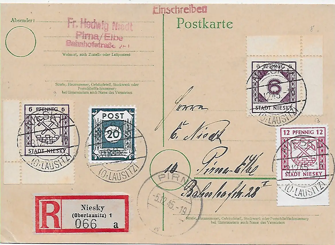 Carte postale Inscrivez-vous Niesky 1945 à Pirna