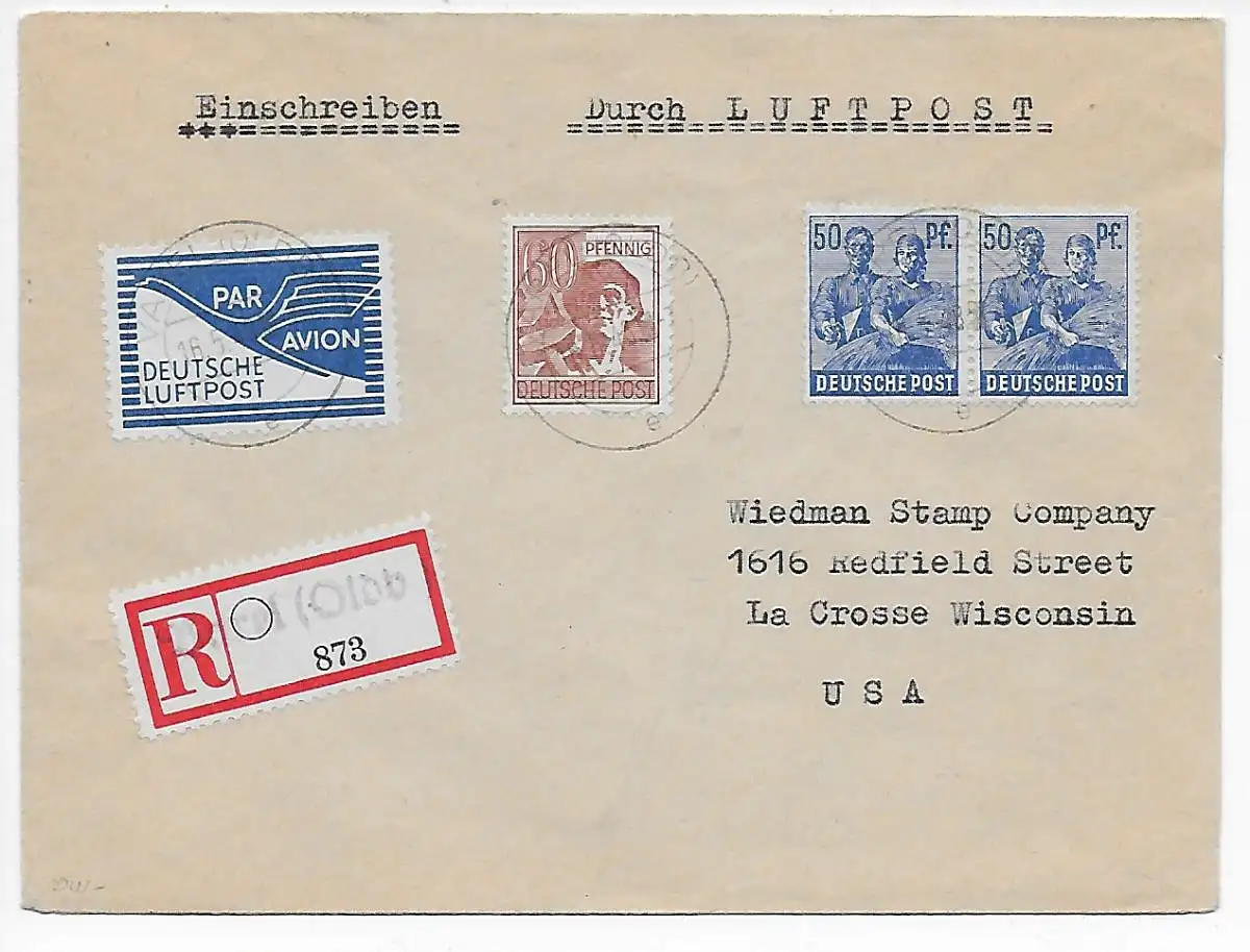 Varel/Oldenburg Einschreiben Luftpost nach La Crosse/Wisc, 16.5.48