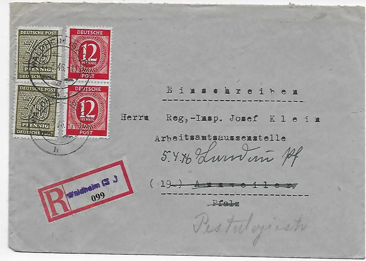 Waldheim/Landau Einschreiben nach Anaweiler, Weiterleitung, 1946