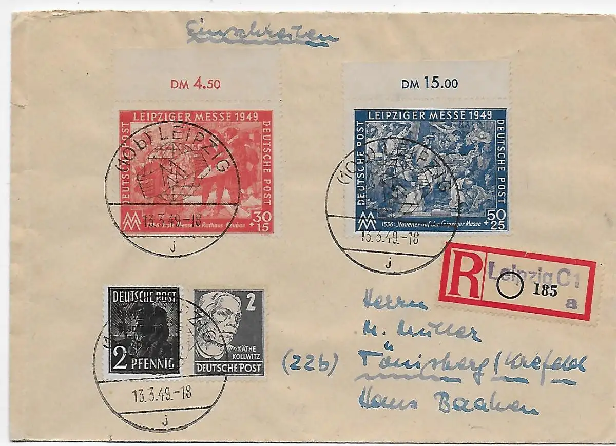 Leipzig Einschreiben mit Sonderstempel nach Täunisberg 1949