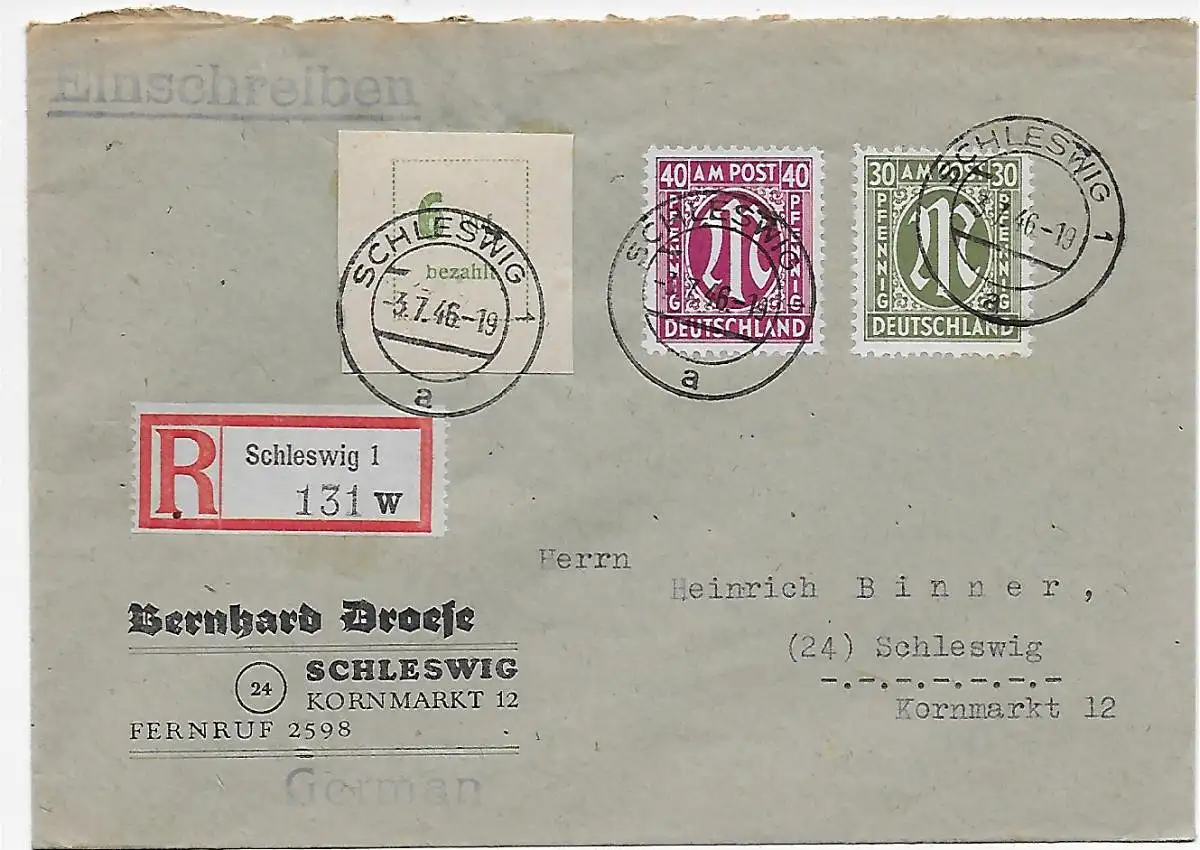 Schleswig Einschreiben 1946, MiF
