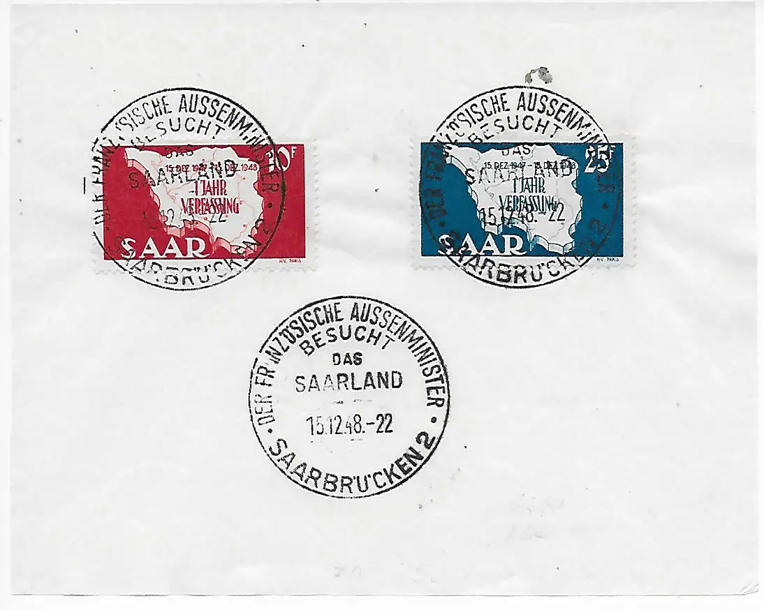 FDC Stamp spécial 1948: ministre français des Affaires étrangères visite la Sarre