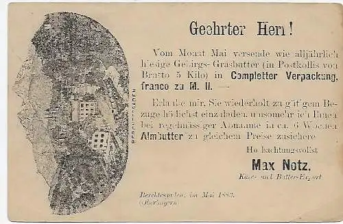 Zudruck Ganzsache von Berchtesgaden nach Sommerfeld, Almbutter 1883