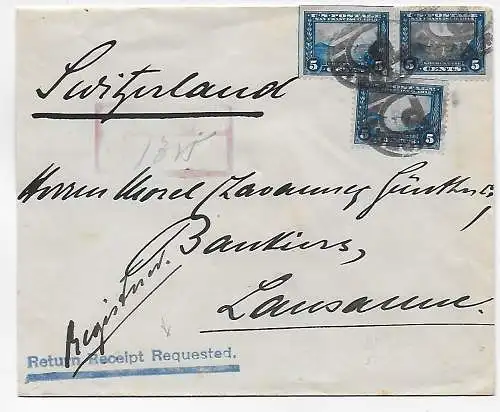 États-Unis: Lettre recommandée Consulat général allemand New York à Lausanne, 1913