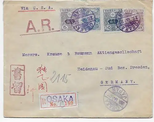 Osaka, Einschreiben 1921 via USA nach Heidenau/Dresden
