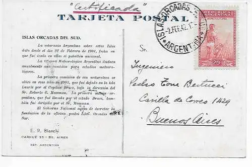 Ansichtskarte Agentur Islas Orcadas del Sud /Orkneyinseln 1942 nach Buenos Aires