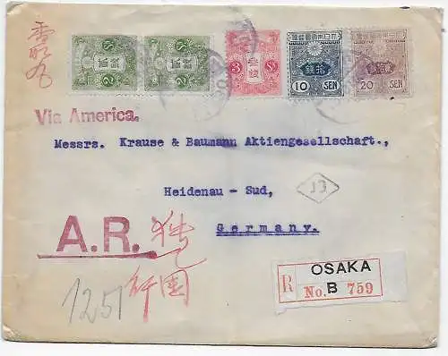 Osaka Einschreiben 1922 mit Rückschein nach Heidenau