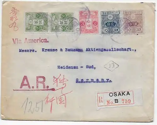 Osaka Lettre recommandé en 1922 avec accusé de réception à Heidenau