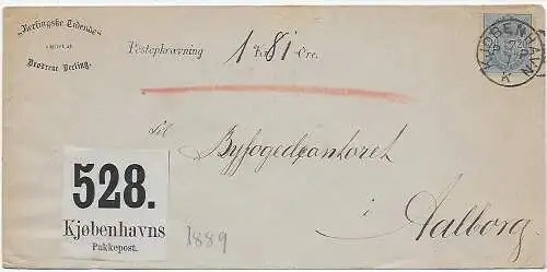 Lettre de suivi de colis Copenhague vers Aalborg en 1889