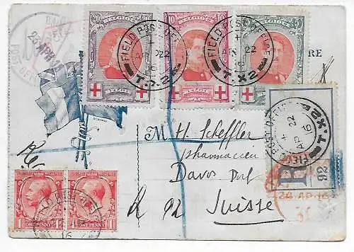 Carte postale Belgique: British Field Post Office, recommandé par Davos, 1916