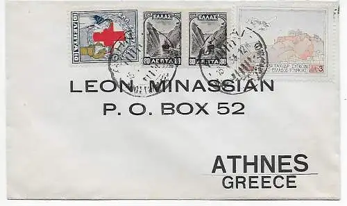 Brief nach Athen mit Flugzeug und Rotes Kreuz auf den Marken