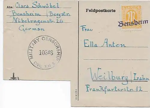 Feldpostkarte mit ausgeschnittenem Spruch, Bensheim nach Weilburg, Zensur 1945