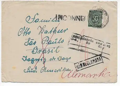 Lettre de Hohenwestedt à Sao Paulo/Brésil, de retour 1947