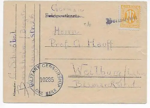 Feldpostkarte Bensheim nach Weilburg, Zensur