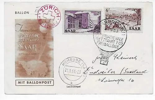 Saarbrücken 1953, Ballonpost nach Zürich, zurück nach Homburg/Dudweiler